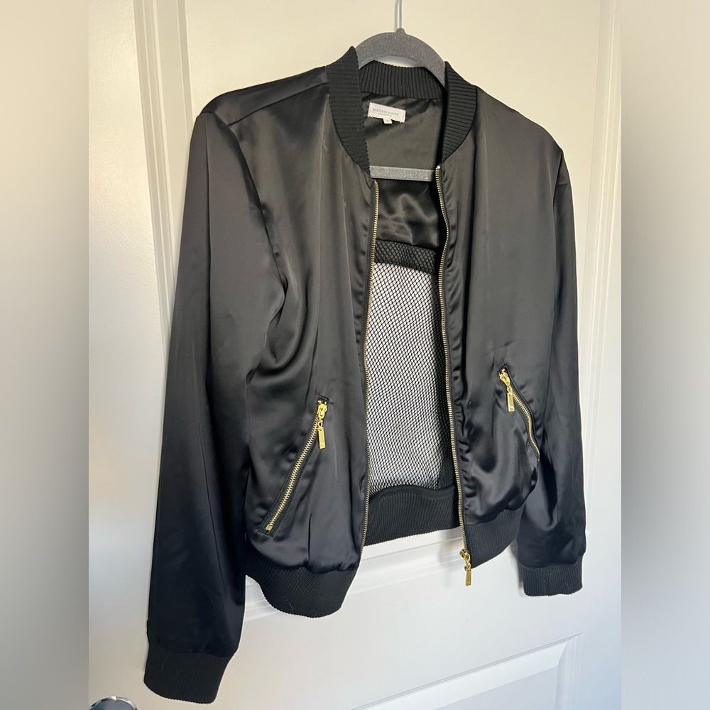 Mistress Rocks House of CB Black Satin bomber Mesh Jacket SMALL gold hardware